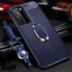 Soft Silicone Gel Leather Snap On Case Cover with Magnetic Finger Ring Stand T01 for Huawei P40 Pro Blue