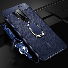 Soft Silicone Gel Leather Snap On Case Cover with Magnetic Finger Ring Stand T01 for OnePlus 8 Pro Blue