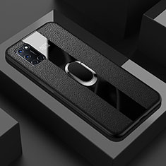Soft Silicone Gel Leather Snap On Case Cover with Magnetic Finger Ring Stand T01 for Oppo A92 Black