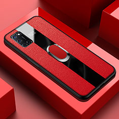 Soft Silicone Gel Leather Snap On Case Cover with Magnetic Finger Ring Stand T01 for Oppo A92 Red