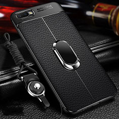 Soft Silicone Gel Leather Snap On Case Cover with Magnetic Finger Ring Stand T01 for Oppo K1 Black