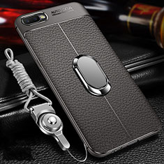 Soft Silicone Gel Leather Snap On Case Cover with Magnetic Finger Ring Stand T01 for Oppo K1 Gray