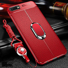 Soft Silicone Gel Leather Snap On Case Cover with Magnetic Finger Ring Stand T01 for Oppo K1 Red