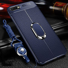 Soft Silicone Gel Leather Snap On Case Cover with Magnetic Finger Ring Stand T01 for Oppo R17 Neo Blue