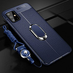 Soft Silicone Gel Leather Snap On Case Cover with Magnetic Finger Ring Stand T01 for Samsung Galaxy A51 5G Blue