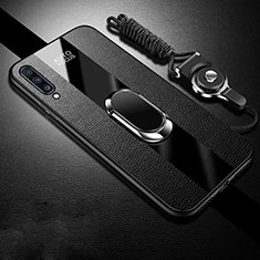 Soft Silicone Gel Leather Snap On Case Cover with Magnetic Finger Ring Stand T01 for Samsung Galaxy A70 Black