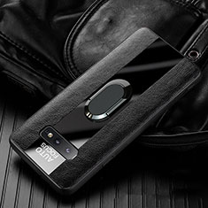 Soft Silicone Gel Leather Snap On Case Cover with Magnetic Finger Ring Stand T01 for Samsung Galaxy S10e Black