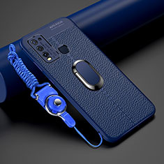 Soft Silicone Gel Leather Snap On Case Cover with Magnetic Finger Ring Stand T01 for Vivo Y50 Blue