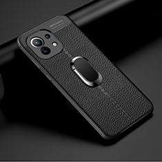 Soft Silicone Gel Leather Snap On Case Cover with Magnetic Finger Ring Stand T01 for Xiaomi Mi 11 5G Black