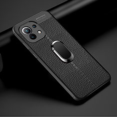 Soft Silicone Gel Leather Snap On Case Cover with Magnetic Finger Ring Stand T01 for Xiaomi Mi 11 Lite 5G Black