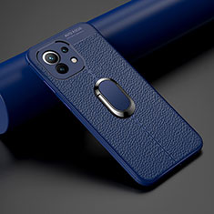 Soft Silicone Gel Leather Snap On Case Cover with Magnetic Finger Ring Stand T01 for Xiaomi Mi 11 Lite 5G NE Blue