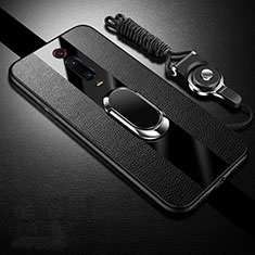 Soft Silicone Gel Leather Snap On Case Cover with Magnetic Finger Ring Stand T01 for Xiaomi Mi 9T Pro Black