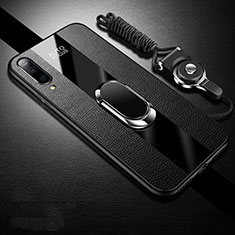 Soft Silicone Gel Leather Snap On Case Cover with Magnetic Finger Ring Stand T01 for Xiaomi Mi A3 Black