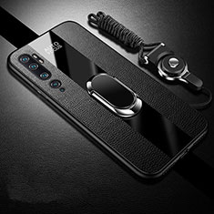 Soft Silicone Gel Leather Snap On Case Cover with Magnetic Finger Ring Stand T01 for Xiaomi Mi Note 10 Black