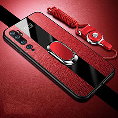 Soft Silicone Gel Leather Snap On Case Cover with Magnetic Finger Ring Stand T01 for Xiaomi Mi Note 10 Pro Red