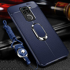 Soft Silicone Gel Leather Snap On Case Cover with Magnetic Finger Ring Stand T01 for Xiaomi Redmi Note 9 Blue