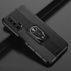 Soft Silicone Gel Leather Snap On Case Cover with Magnetic Finger Ring Stand T02 for Huawei Honor 20 Pro Black