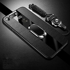Soft Silicone Gel Leather Snap On Case Cover with Magnetic Finger Ring Stand T02 for Huawei Honor V20 Black