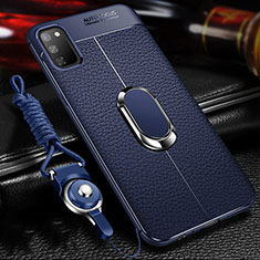 Soft Silicone Gel Leather Snap On Case Cover with Magnetic Finger Ring Stand T02 for Huawei Honor V30 5G Blue