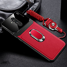 Soft Silicone Gel Leather Snap On Case Cover with Magnetic Finger Ring Stand T02 for Huawei Mate 20 Lite Red
