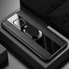 Soft Silicone Gel Leather Snap On Case Cover with Magnetic Finger Ring Stand T02 for Huawei Mate 20 Pro Black
