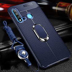 Soft Silicone Gel Leather Snap On Case Cover with Magnetic Finger Ring Stand T02 for Huawei Nova 5i Blue
