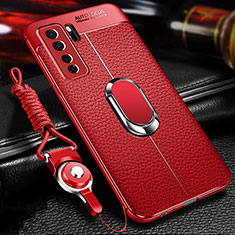 Soft Silicone Gel Leather Snap On Case Cover with Magnetic Finger Ring Stand T02 for Huawei Nova 7 SE 5G Red