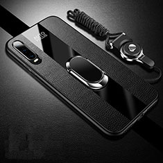 Soft Silicone Gel Leather Snap On Case Cover with Magnetic Finger Ring Stand T02 for Huawei P30 Black