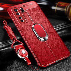 Soft Silicone Gel Leather Snap On Case Cover with Magnetic Finger Ring Stand T02 for Huawei P40 Lite 5G Red