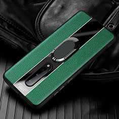 Soft Silicone Gel Leather Snap On Case Cover with Magnetic Finger Ring Stand T02 for OnePlus 8 Green