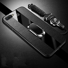 Soft Silicone Gel Leather Snap On Case Cover with Magnetic Finger Ring Stand T02 for Oppo RX17 Neo Black
