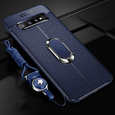 Soft Silicone Gel Leather Snap On Case Cover with Magnetic Finger Ring Stand T02 for Samsung Galaxy S10 5G Blue