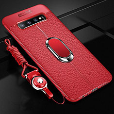 Soft Silicone Gel Leather Snap On Case Cover with Magnetic Finger Ring Stand T02 for Samsung Galaxy S10 5G Red
