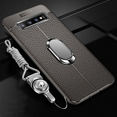 Soft Silicone Gel Leather Snap On Case Cover with Magnetic Finger Ring Stand T02 for Samsung Galaxy S10 Gray