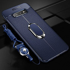 Soft Silicone Gel Leather Snap On Case Cover with Magnetic Finger Ring Stand T02 for Samsung Galaxy S10 Plus Blue