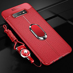 Soft Silicone Gel Leather Snap On Case Cover with Magnetic Finger Ring Stand T02 for Samsung Galaxy S10 Plus Red