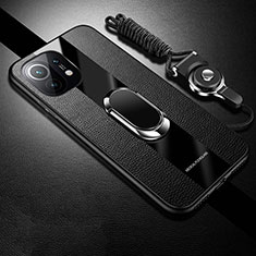 Soft Silicone Gel Leather Snap On Case Cover with Magnetic Finger Ring Stand T02 for Xiaomi Mi 11 5G Black