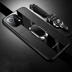 Soft Silicone Gel Leather Snap On Case Cover with Magnetic Finger Ring Stand T02 for Xiaomi Mi 11 Lite 4G Black
