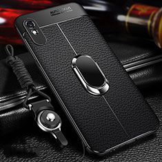 Soft Silicone Gel Leather Snap On Case Cover with Magnetic Finger Ring Stand T02 for Xiaomi Redmi 9A Black