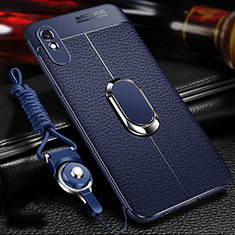 Soft Silicone Gel Leather Snap On Case Cover with Magnetic Finger Ring Stand T02 for Xiaomi Redmi 9A Blue