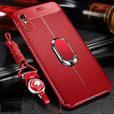 Soft Silicone Gel Leather Snap On Case Cover with Magnetic Finger Ring Stand T02 for Xiaomi Redmi 9AT Red