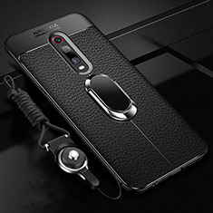 Soft Silicone Gel Leather Snap On Case Cover with Magnetic Finger Ring Stand T02 for Xiaomi Redmi K20 Black