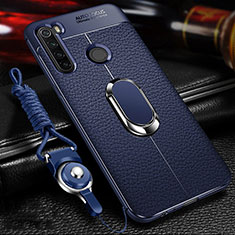 Soft Silicone Gel Leather Snap On Case Cover with Magnetic Finger Ring Stand T02 for Xiaomi Redmi Note 8 Blue