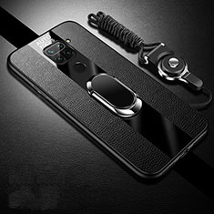 Soft Silicone Gel Leather Snap On Case Cover with Magnetic Finger Ring Stand T02 for Xiaomi Redmi Note 9 Black