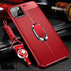 Soft Silicone Gel Leather Snap On Case Cover with Magnetic Finger Ring Stand T03 for Apple iPhone 11 Pro Max Red