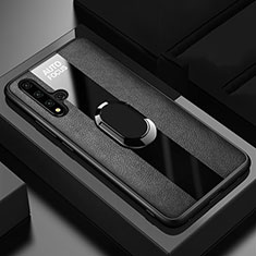Soft Silicone Gel Leather Snap On Case Cover with Magnetic Finger Ring Stand T03 for Huawei Honor 20 Black