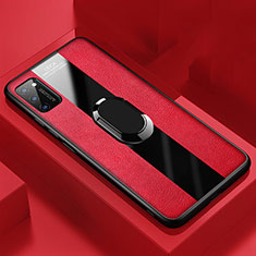 Soft Silicone Gel Leather Snap On Case Cover with Magnetic Finger Ring Stand T03 for Huawei Honor View 30 5G Red