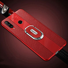 Soft Silicone Gel Leather Snap On Case Cover with Magnetic Finger Ring Stand T03 for Huawei Nova 4e Red