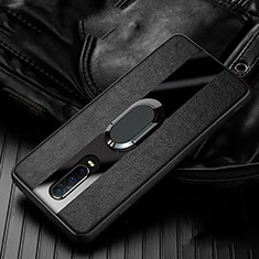 Soft Silicone Gel Leather Snap On Case Cover with Magnetic Finger Ring Stand T03 for Oppo R17 Pro Black