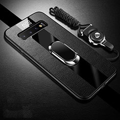 Soft Silicone Gel Leather Snap On Case Cover with Magnetic Finger Ring Stand T03 for Samsung Galaxy S10 Plus Black